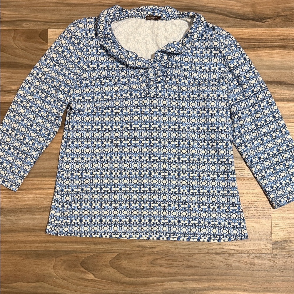 J. McLaughlin Sz. Large Durham Ruffle Top Catalina Cloth Blue Geo 3/4 Sleeve